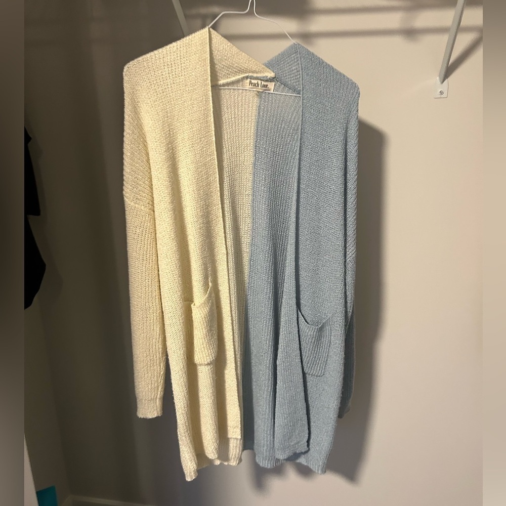 Women's Cream and Blue Open Cardigan Sweater